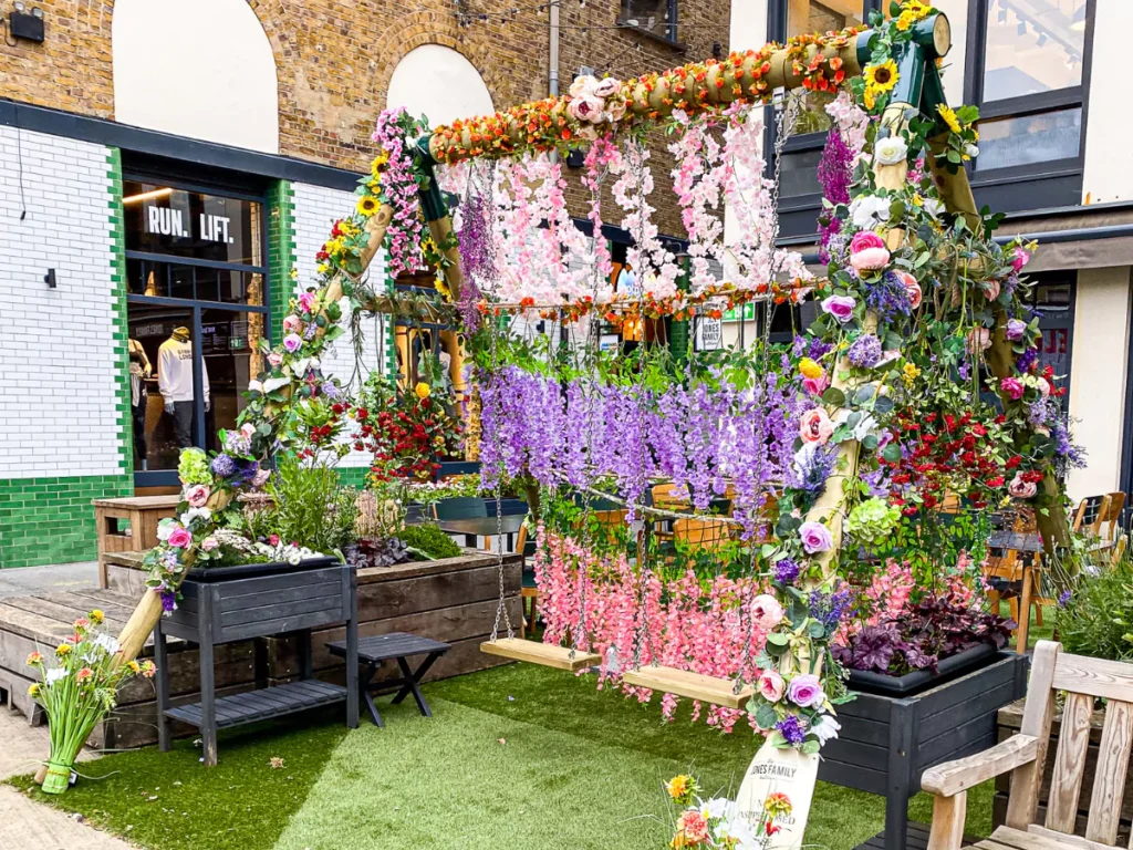 A big swing chair decorated with florals
