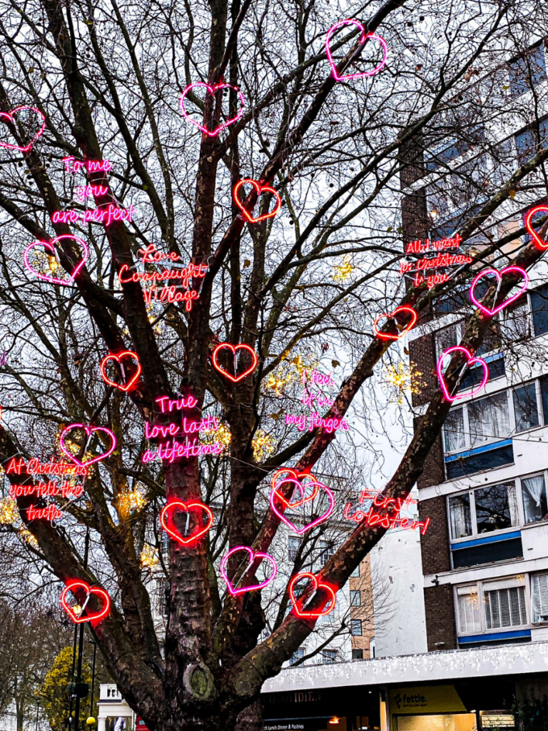See Love Actually quotes in Connaught Village’s London Christmas lights