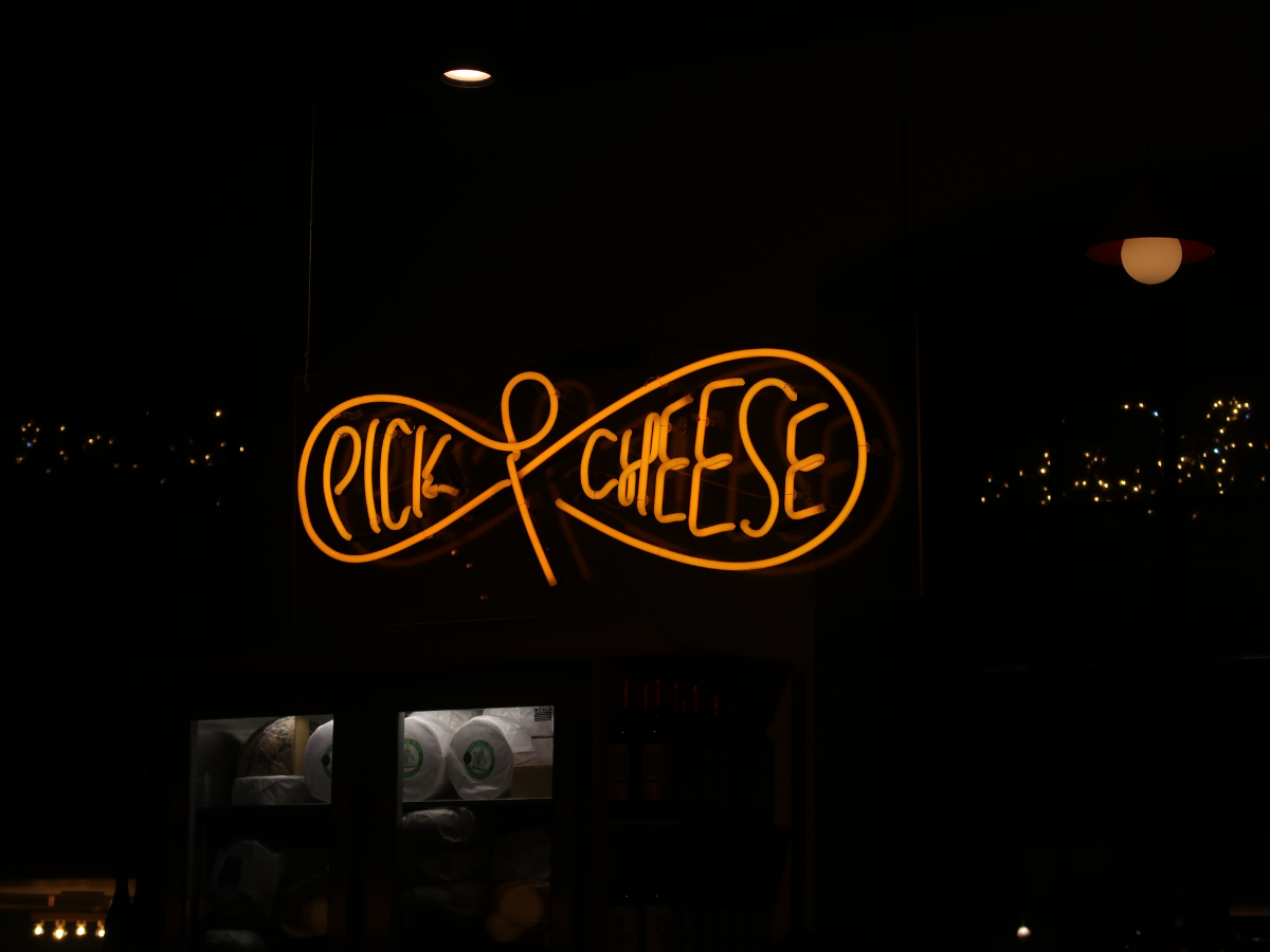 pick & cheese neon sign seven dials market