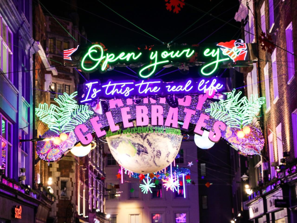 a large illuminated world in the sky on carnaby street