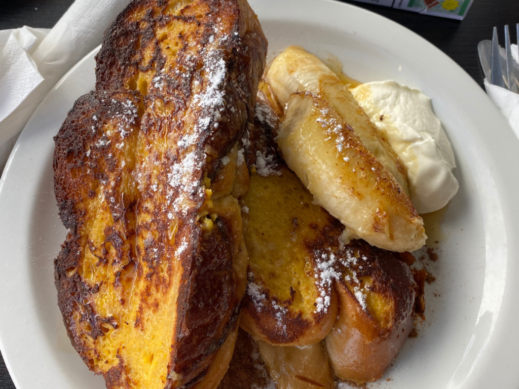French toast with caramelised banana and crème fraiche on top