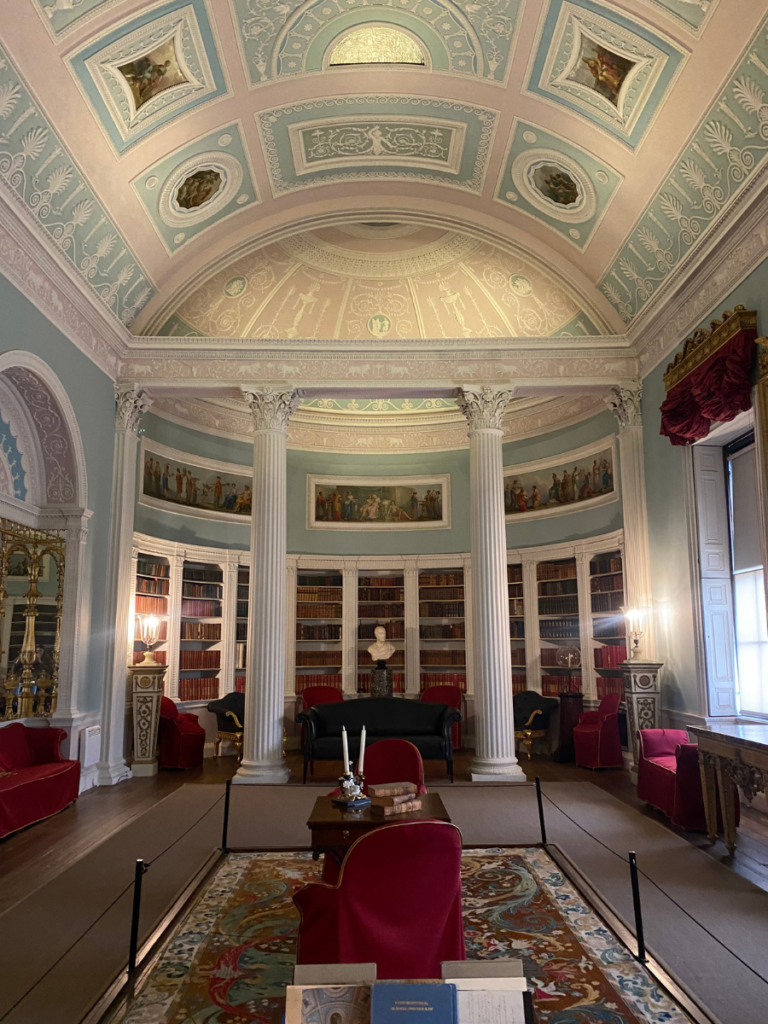 Blue and pink vaulted ceiling in the library at Kenwood House