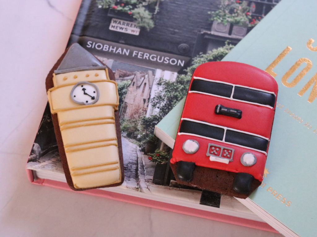 Big Ben and London Bus iced biscuits from Biscuiteers 