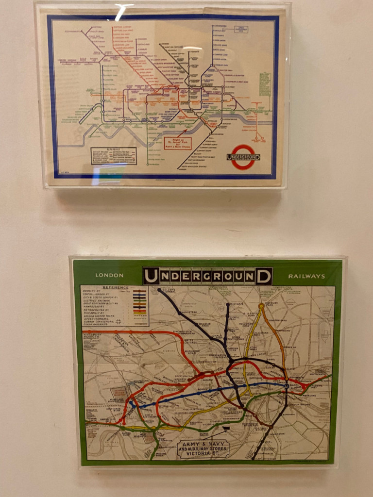 two old London underground maps displayed in the Design Museum 