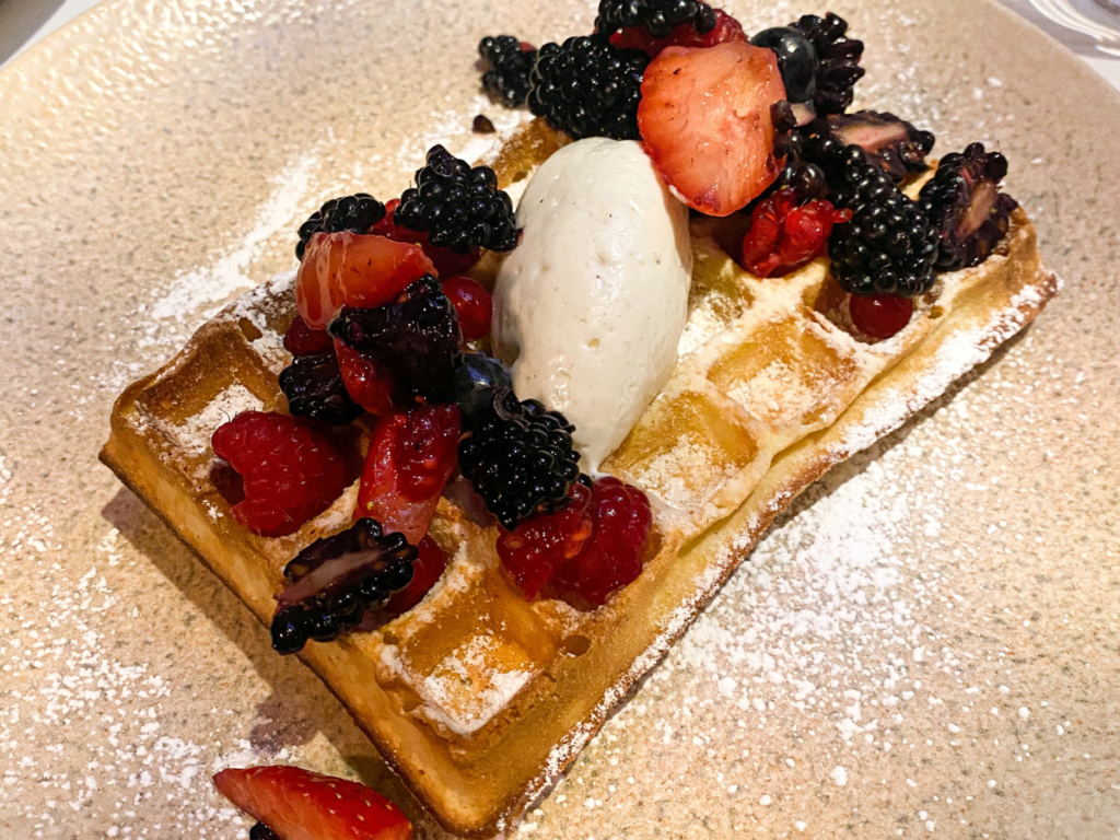 waffles with berries and chantilly cream at Sketch