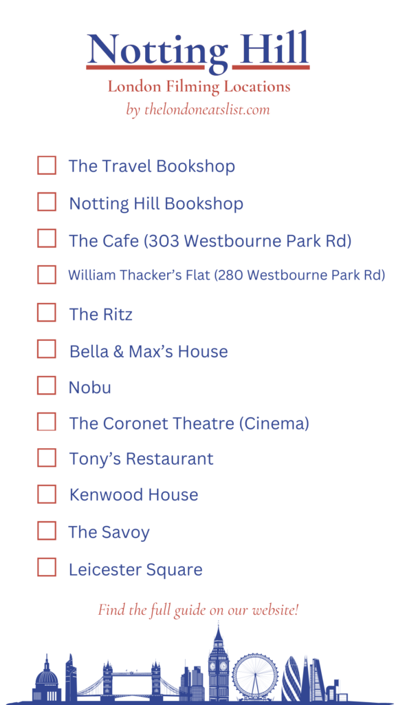 printable checklist of all London Notting Hill filming locations