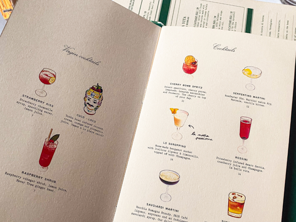 beautifully illustrated cocktail menu at Jacuzzi
