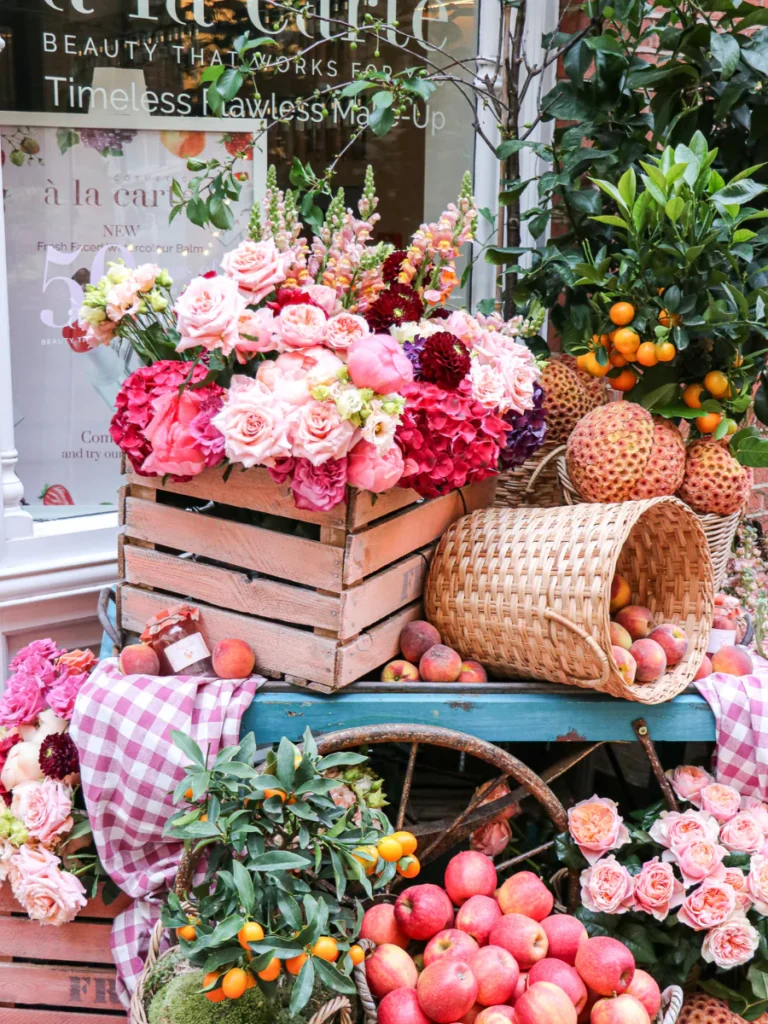 A pink floral and fruit display on Pavilion Road in Chelsea