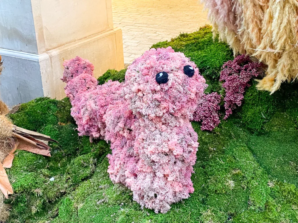 James and the Giant Peach worm made from pink flowers