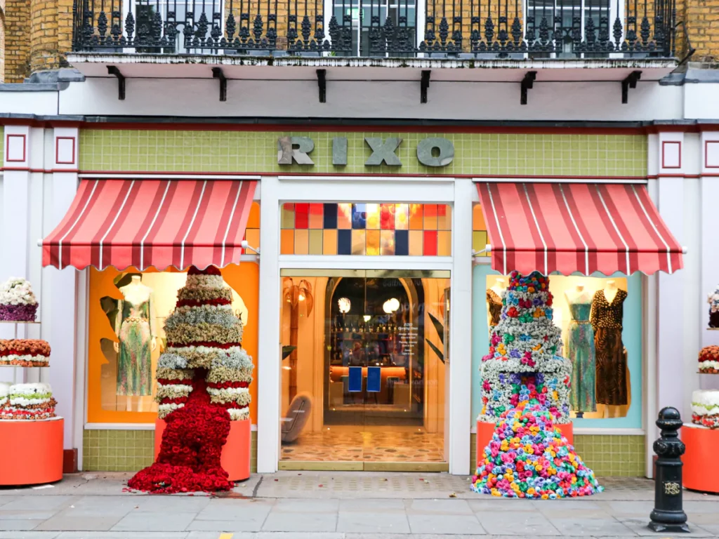 Rixo's bright green exterior on the King's Road has giant three tiered cakes made from flowers with floral jam overflowing from the centres