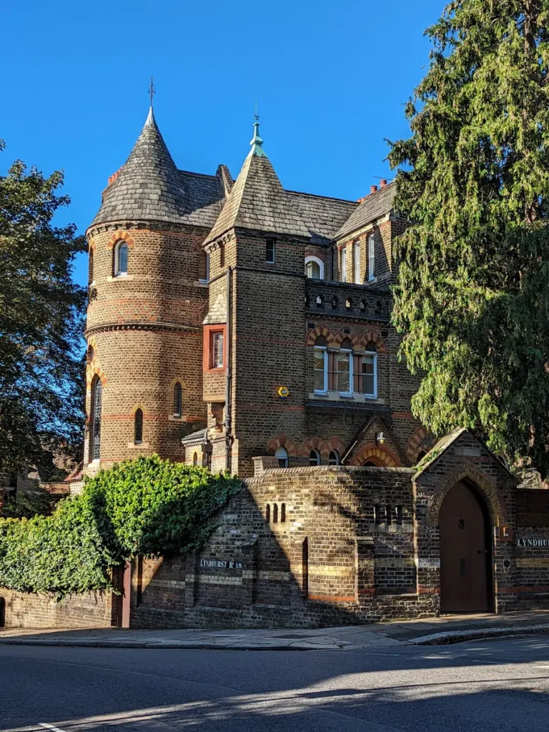 A London brick house with turrets 