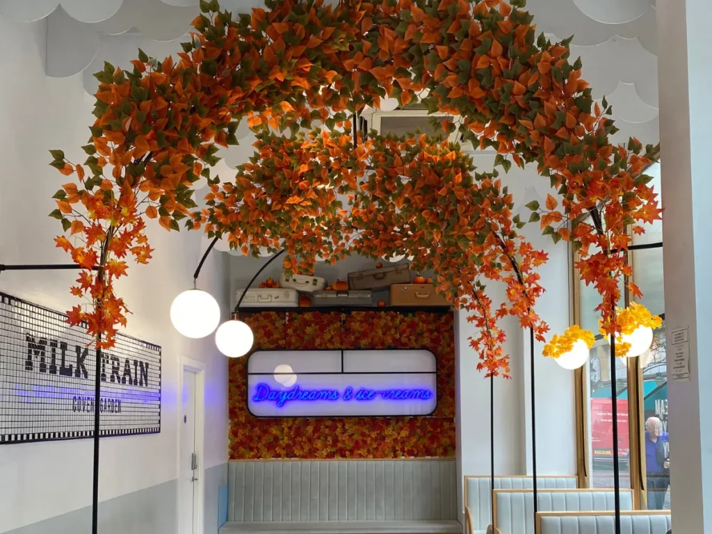 Autumnal leaf arches in one of Covent Garden's ice cream parlours